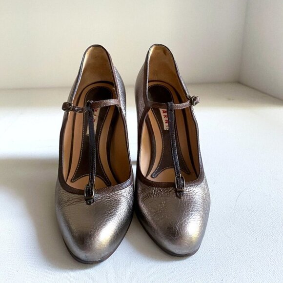 Marni Metallic Gold Mary Jane T Strap Almond Toe  Heels 36.5 - Picture 2 of 8